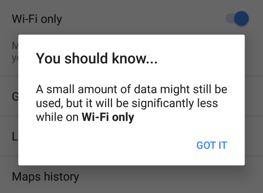 Google Maps Wi-Fi only warning