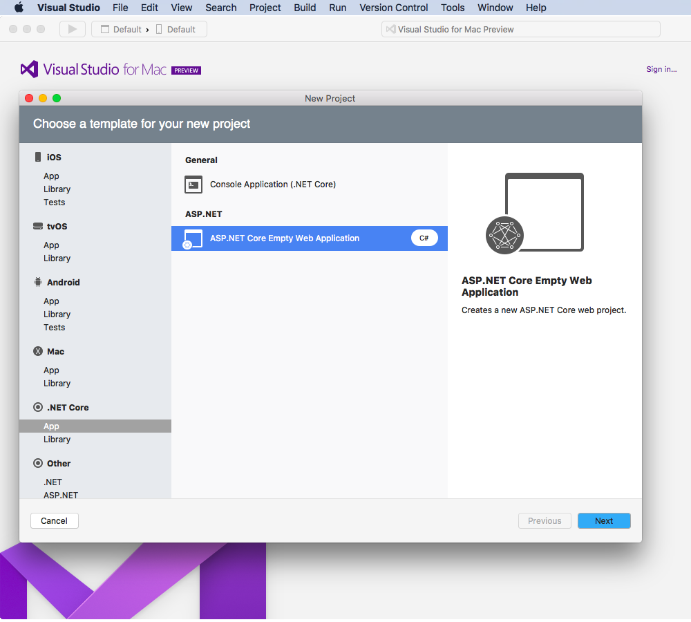 asp.net in visual studio for mac preview