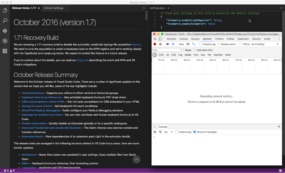 Visual Studio Code 1.7.1 Developer Tools