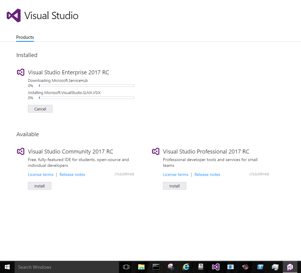 Visual Studio 2017 Release Candidate Installing