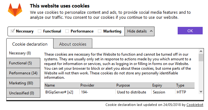 GitLab's cookie consent form details